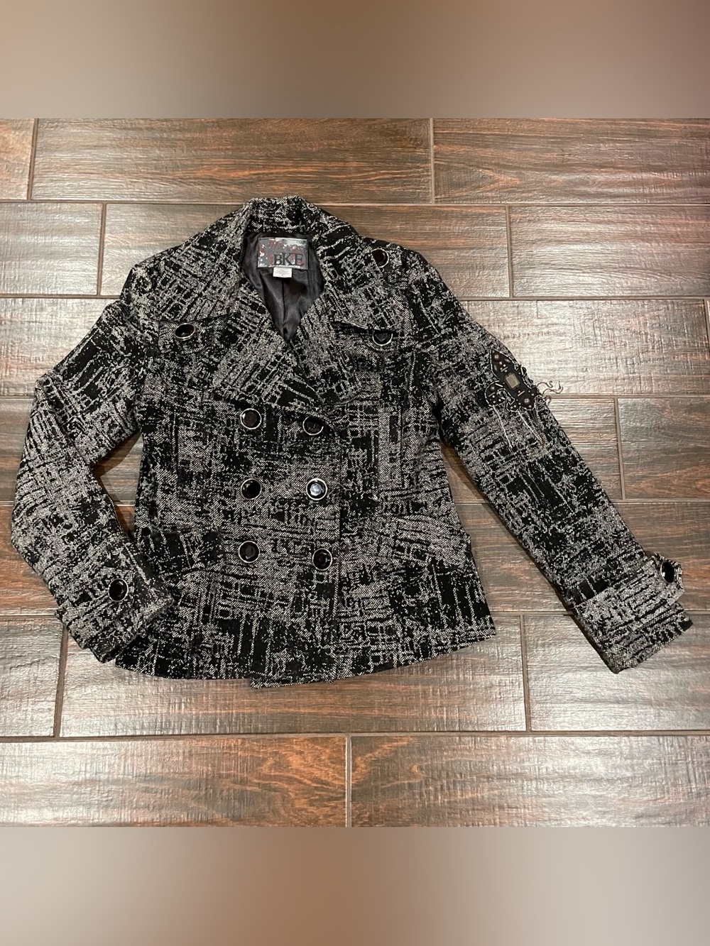 BKE Peacoat Black Gray Pattern Y2k Double Breasted Chain Fleur de Lis Women Med